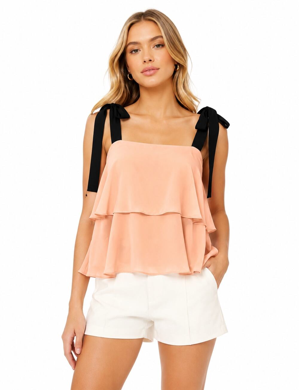 Endless Rose Layered Ruffle Tie Strap Top Peach Pink Women's Size Medium